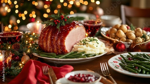 Festive Christmas Dinner Table with Glazed Ham and Holiday Decor