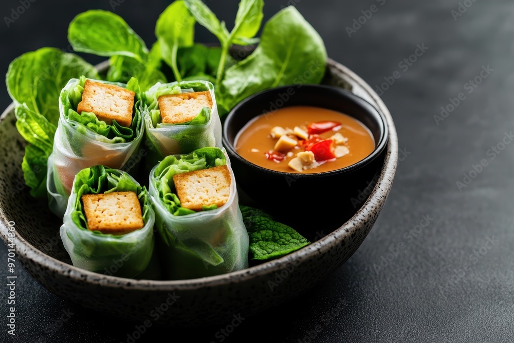 Vegan tofu summer rolls with peanut sauce on black background Vegan tofu summer rolls with peanut sauce on black background