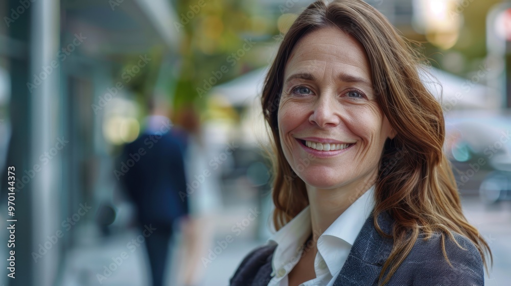 Professional woman smiling confidently during a break outside the office, networking with colleagues and engaging with the human resources team Professional woman smiling confidently during a break outside the office, networking with colleagues and engaging with the human resources team