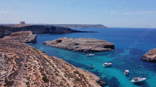 Natural windows in the rocks, Comino Island Malta, drone shot. High quality photo photo