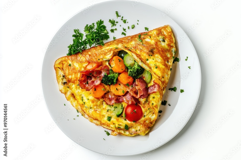 Vegetable and bacon omelette on white plate viewed from above Vegetable and bacon omelette on white plate viewed from above