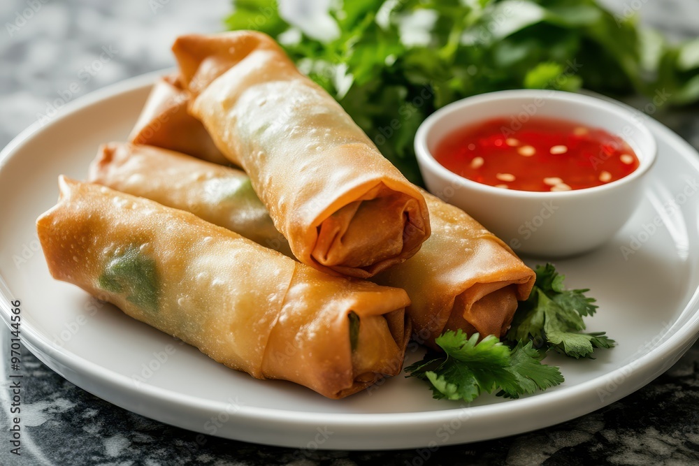 Vegetable filled egg rolls with sweet sour dip Vegetable filled egg rolls with sweet sour dip