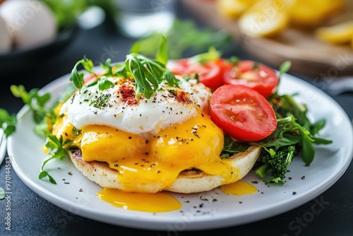 Vegetable Eggs Benedict on white plate for breakfast