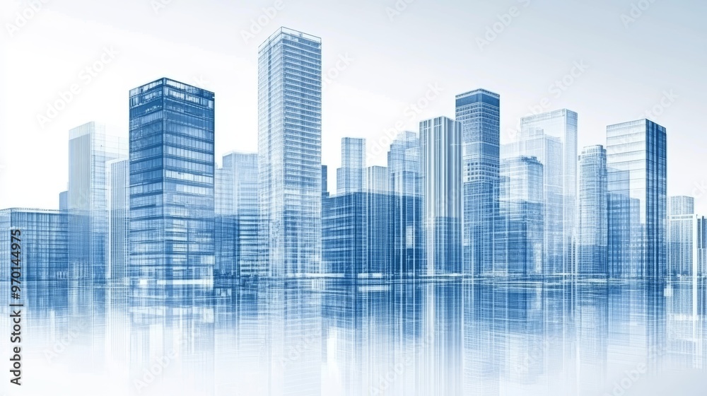 Modern city skyline with reflective skyscrapers in blue tones Modern city skyline with reflective skyscrapers in blue tones