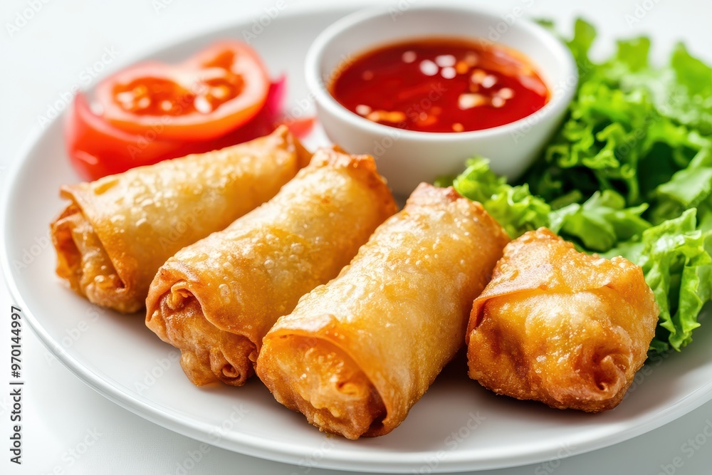 Vegetable spring roll with Thai chilli sauce on white plate appetiser on halal menu for cafe Hong Kong style Vegetable spring roll with Thai chilli sauce on white plate appetiser on halal menu for cafe Hong Kong style