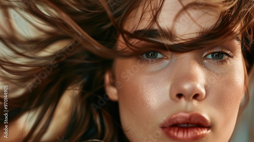 Aesthetic portrait of a woman showcasing her strong hair, enjoying a luxurious salon treatment against a brown backdrop. Features a natural glow, haircut, and makeup in a studio setting