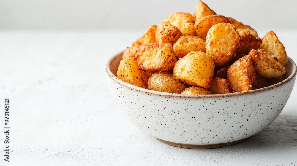Crispy roasted potatoes in a speckled ceramic bowl on a white background