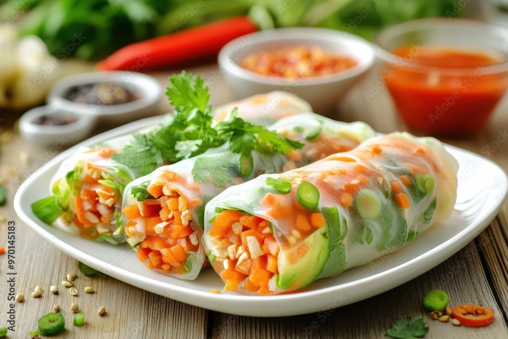 Vegetable spring rolls on white plate with selective focus Thai cuisine Vegetable spring rolls on white plate with selective focus Thai cuisine