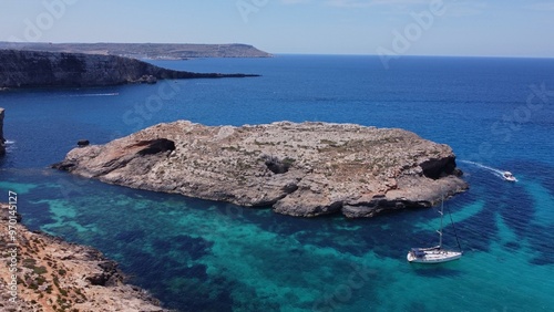 Natural windows in the rocks, Comino Island Malta, drone shot. High quality photo photo