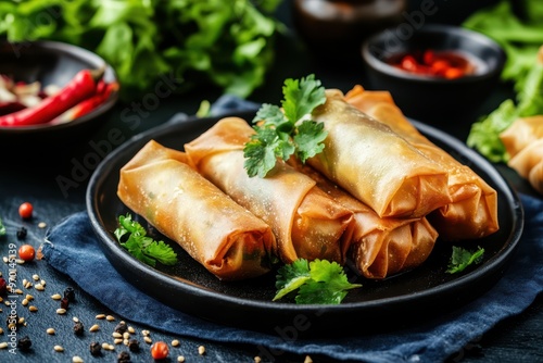 Vegetable spring rolls on blue cloth background dark tone still life image photo