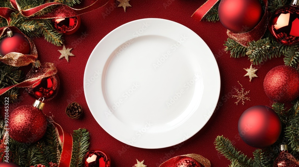 Festive Christmas Ornaments Surrounding White Plate on Holiday Background Festive Christmas Ornaments Surrounding White Plate on Holiday Background