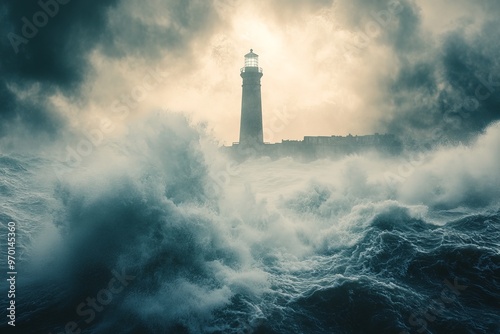 A lone lighthouse stands firm against the backdrop of a tempestuous sea and fierce waves, embodying unwavering strength and resilience in challenging times. photo