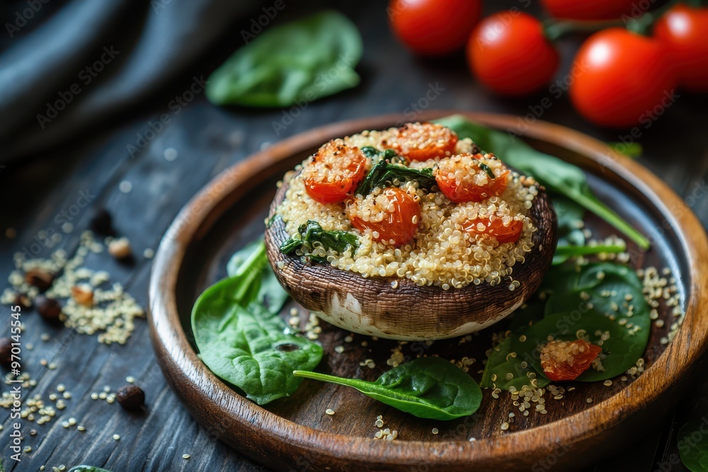 Vegetarian meal with quinoa stuffed mushrooms cheese gratin cherry tomatoes and spinach
