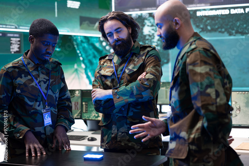 Diverse troopers gather to go over mission objectives with a hologram, monitoring real time information on a holographic projection. Trained soldiers work with intelligence in control room.