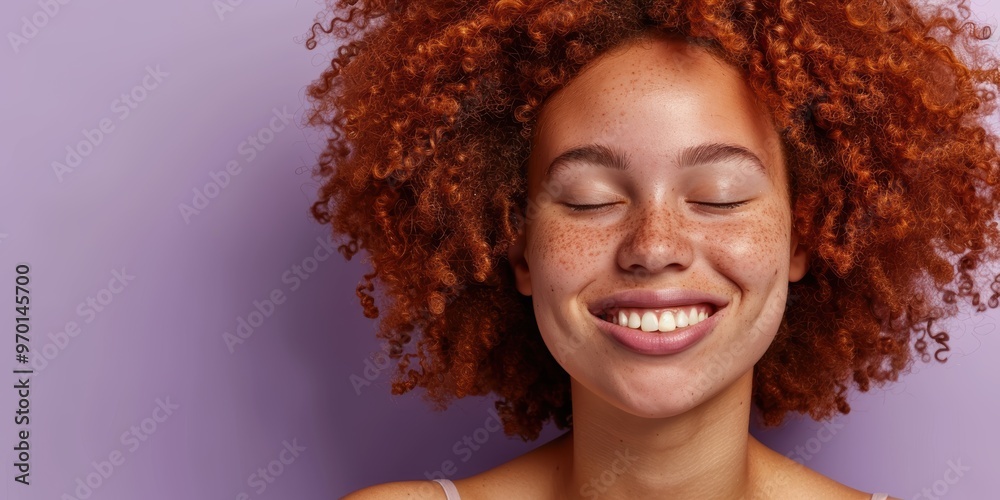 Cheerful woman with red hair and natural beauty smiling in a studio setting, showcasing curls and makeup against a purple backdrop. Focus on haircare, cosmetics, and a model with curly hair Cheerful woman with red hair and natural beauty smiling in a studio setting, showcasing curls and makeup against a purple backdrop. Focus on haircare, cosmetics, and a model with curly hair