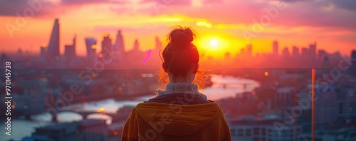 Silhouette of a woman gazing at a glowing city skyline during a picturesque sunset. Free copy space for text.