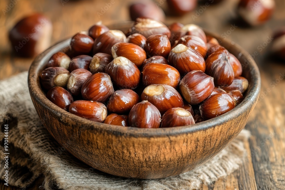 Vertical closeup of chestnuts in a bowl on wooden table Vertical closeup of chestnuts in a bowl on wooden table