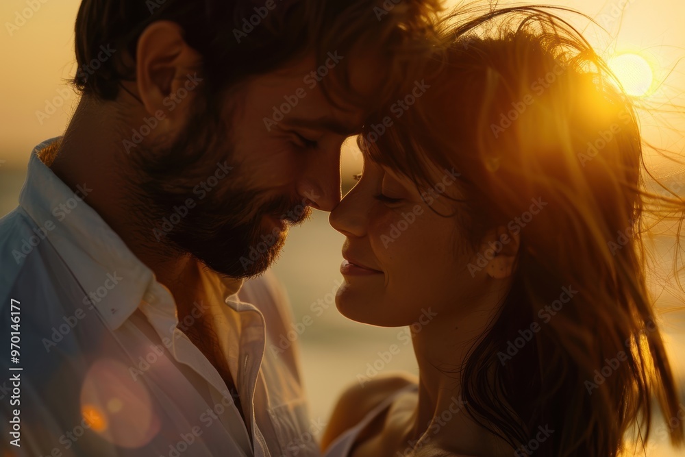 Romantic sunset at the beach with a couple enjoying their summer getaway, embracing and bonding in nature by the ocean Romantic sunset at the beach with a couple enjoying their summer getaway, embracing and bonding in nature by the ocean