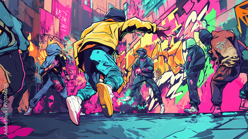 A lively street dance battle in an urban setting, illustrated in a graffiti art style with an area for a bold, expressive tagline. Graffiti Art. Illustration