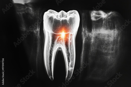 A focused X-ray image shows a tooth in high detail with excellent resolution, indicated by a glowing center, suggesting a potential issue and need for dental review.