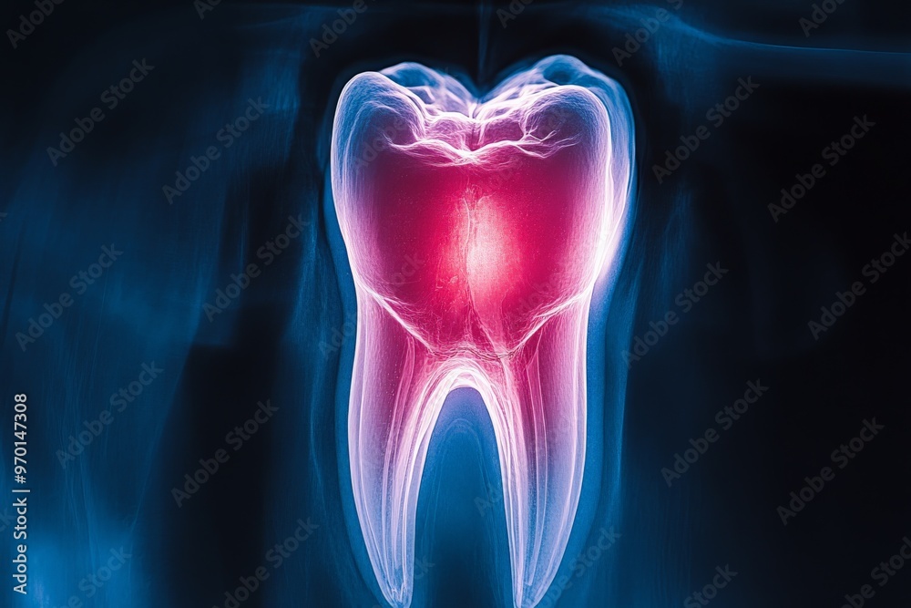 An image of a radiant tooth glowing with a highlighted red center spot, emphasizing the center’s significance and showcasing detailed internal structures with a modern imaging approach.