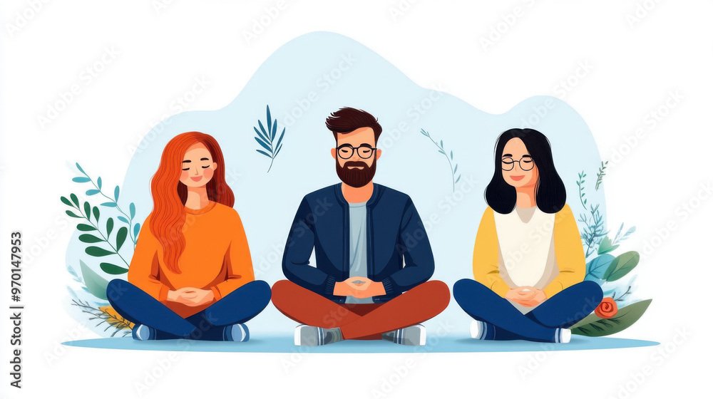 Three people meditating together in a relaxed environment, sitting cross-legged with peaceful expressions, promoting mindfulness and wellness. Three people meditating together in a relaxed environment, sitting cross-legged with peaceful expressions, promoting mindfulness and wellness.