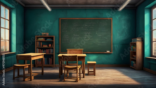 Concepts of Education: An Empty Vintage Classroom with Turquoise Wall Background, Realistic Style with Blackboard and Wooden Desk, Chair, and Book generative ai photo