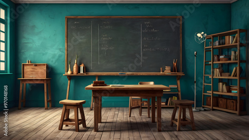 Concepts of Education: An Empty Vintage Classroom with Turquoise Wall Background, Realistic Style with Blackboard and Wooden Desk, Chair, and Book generative ai photo