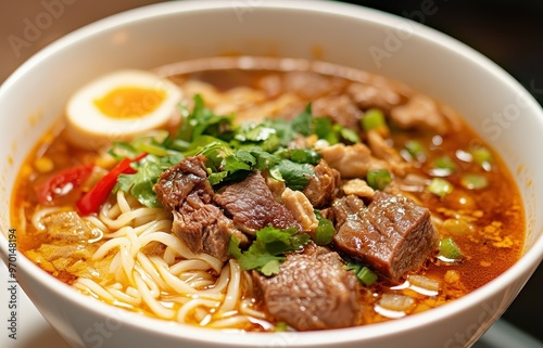 Vietnamese noodle soup with spicy meat