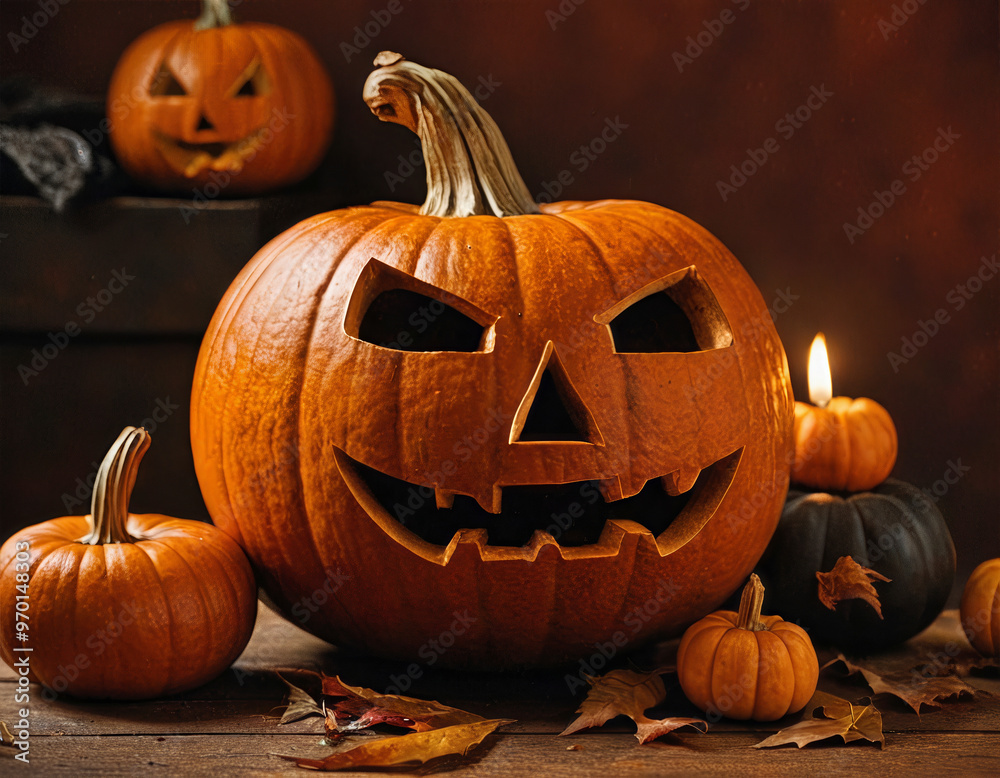 Halloween pumpkins in the foreground, on a dark and shaded background that creates a mysterious and somewhat disturbing atmosphere. The image evokes the typical atmosphere of Halloween night Halloween pumpkins in the foreground, on a dark and shaded background that creates a mysterious and somewhat disturbing atmosphere. The image evokes the typical atmosphere of Halloween night