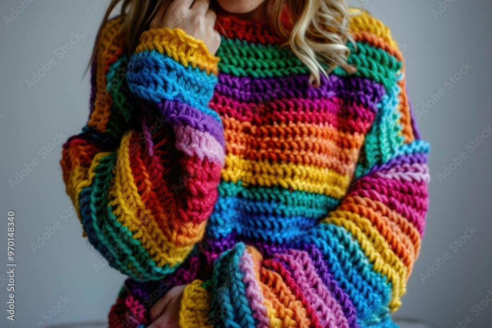 Woman in colorful rainbow knit sweater Woman in colorful rainbow knit sweater