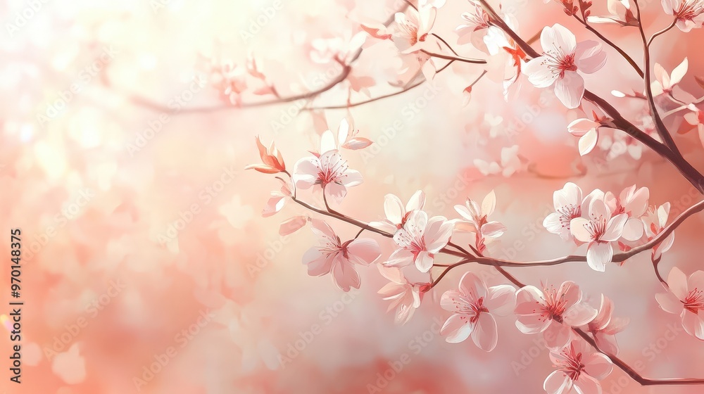 Delicate Spring Blossoms: Charming Illustration of Pink Cherry Flowers in Bloom Delicate Spring Blossoms: Charming Illustration of Pink Cherry Flowers in Bloom