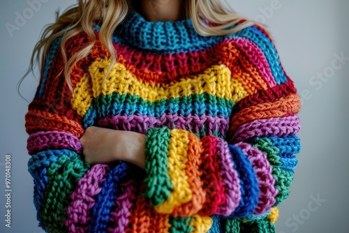 Oversized rainbow striped knit sweater fashion