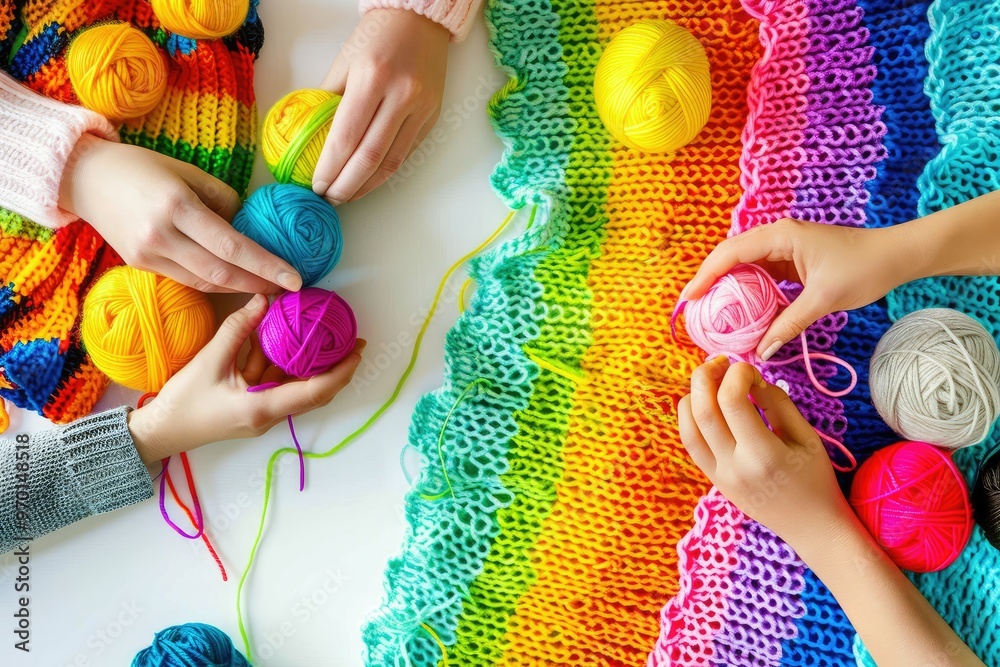 Fototapeta premium Top view of women crocheting and knitting with colorful yarn