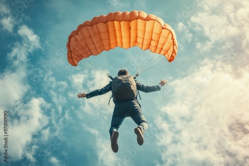 Young businessman with parachute flying in the air