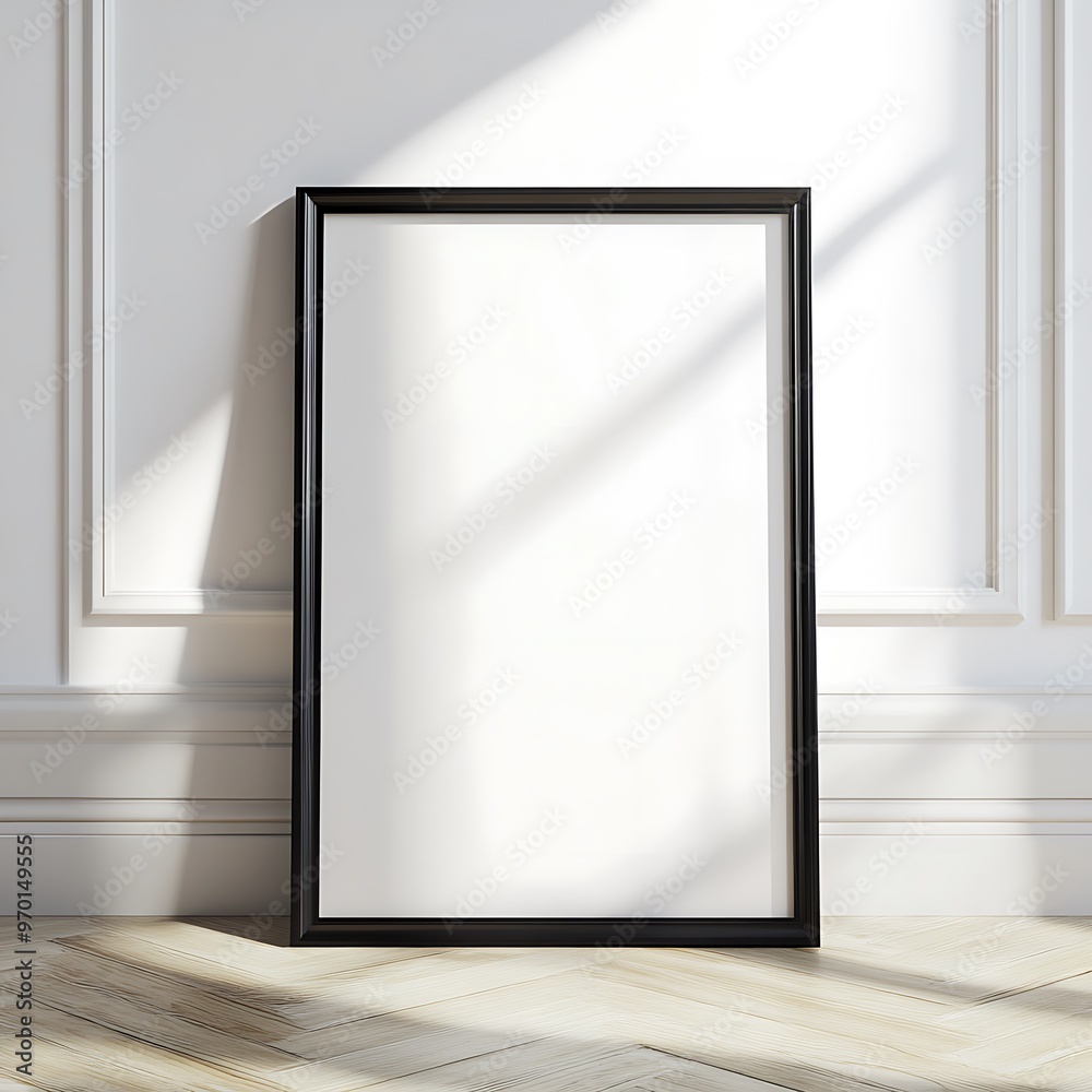 Black frame mockup for photo or artwork on a white wall Black frame mockup for photo or artwork on a white wall