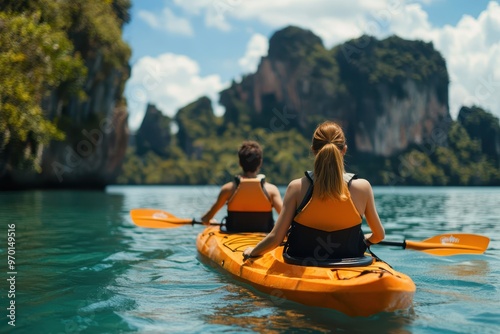 Wallpaper Mural Young couple kayaking in tropical bay at Phranang Bay Krabi Thailand Torontodigital.ca