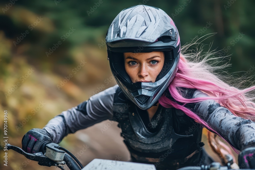 Young female motocross racer with pink hair wearing helmet on off road motorcycle journey Young female motocross racer with pink hair wearing helmet on off road motorcycle journey