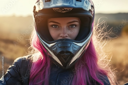 Young female motocross racer with pink hair riding off road