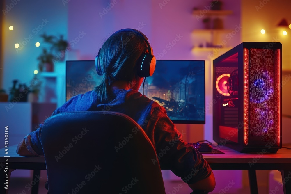 Obraz premium Young gamer playing first person shooter on computer with headphones in a home gaming setup