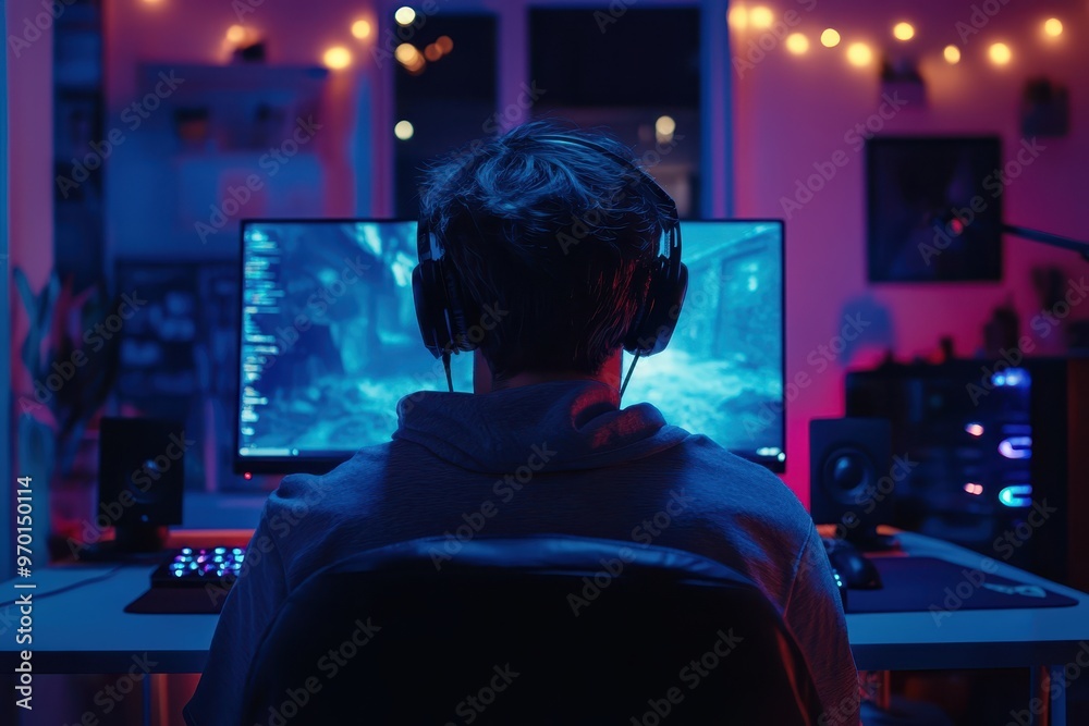 Young gamer streaming action game on PC in dark room Young gamer streaming action game on PC in dark room