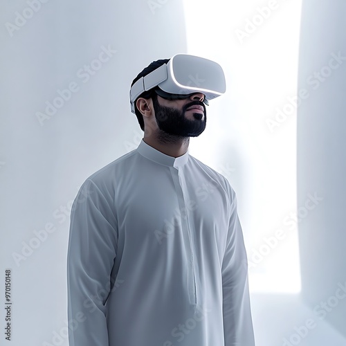 Man wearing VR headset, exploring virtual reality world, technology future concept