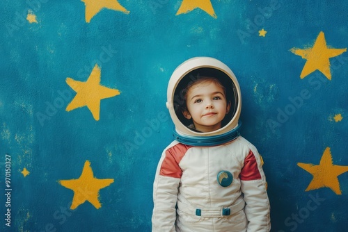 Young girl in astronaut costume dreams of being a spaceman posing in front of a blue wall with yellow stars