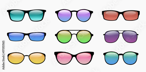 Sun spectacles. Various trendy summer sunglasses with different lens, fashion plastic glasses. Sunlight eyeglasses set. Vector illustration