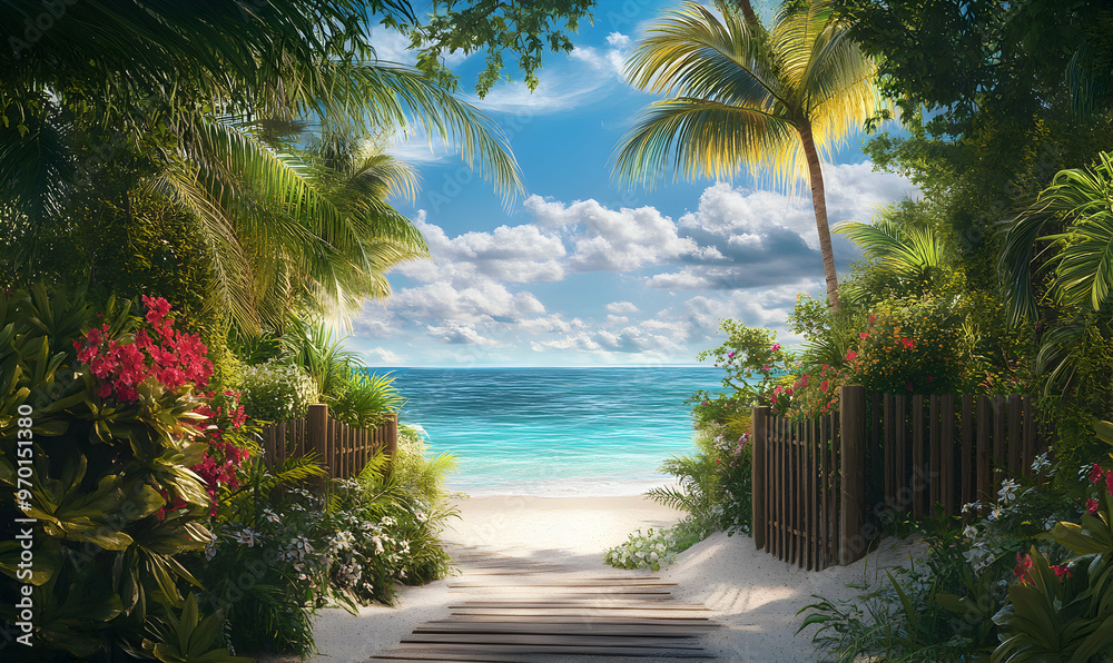 Fototapeta premium Tropical beach with wooden pathway leading to the ocean.