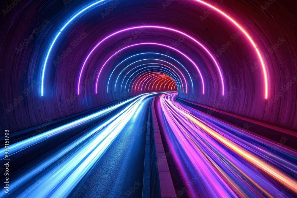Neon-lit tunnel with glowing lines of light trails Neon-lit tunnel with glowing lines of light trails