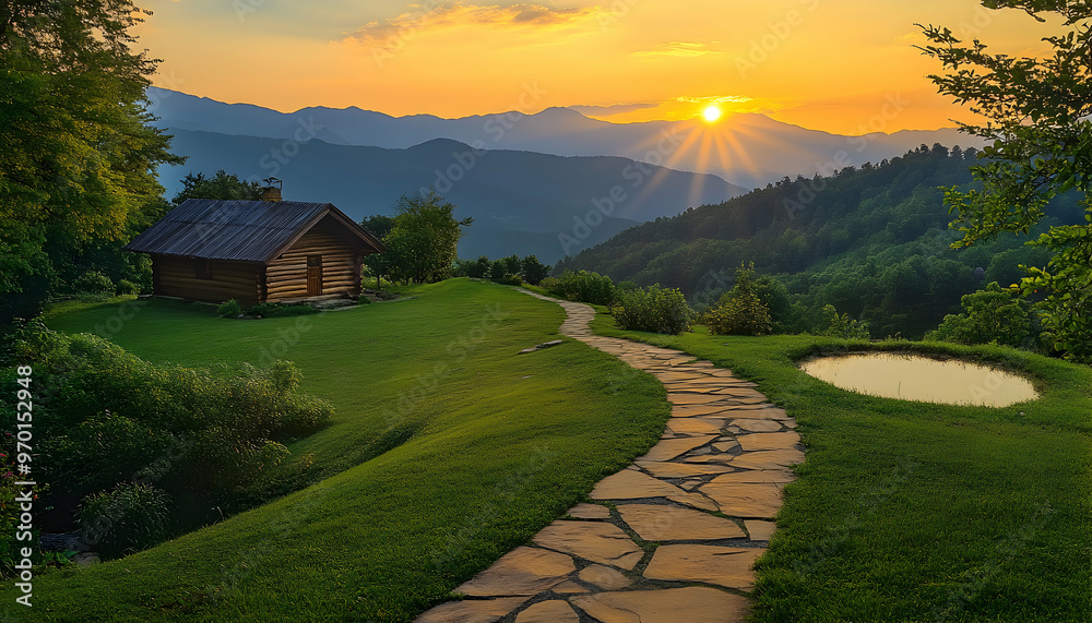 Naklejka premium A stone path winds through a lush green field towards a small wooden cabin nestled in the foothills of a mountain range. The setting sun casts a warm glow over the landscape.