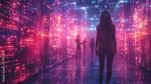 Woman in a Neon Corridor