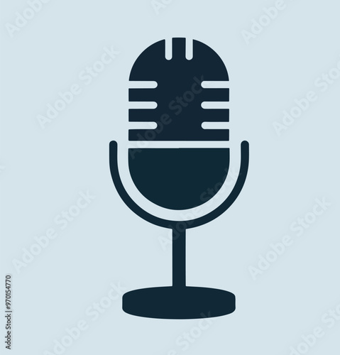 Studio microphone, podcast and entertainment concept, light blue background.