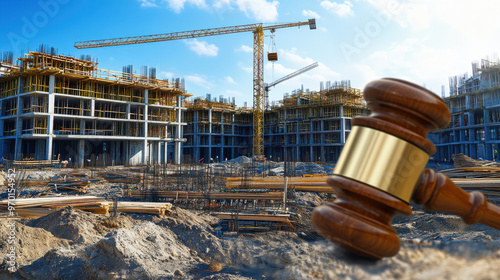 Construction site with buildings in progress, cranes, and a wooden gavel superimposed, symbolizing legal or regulatory aspects in construction